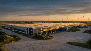 Norddeutsche Gewerbehalle mit vollflächiger Dach-Photovoltaik und Windrädern am flachen Horizont im goldenen Abendlicht