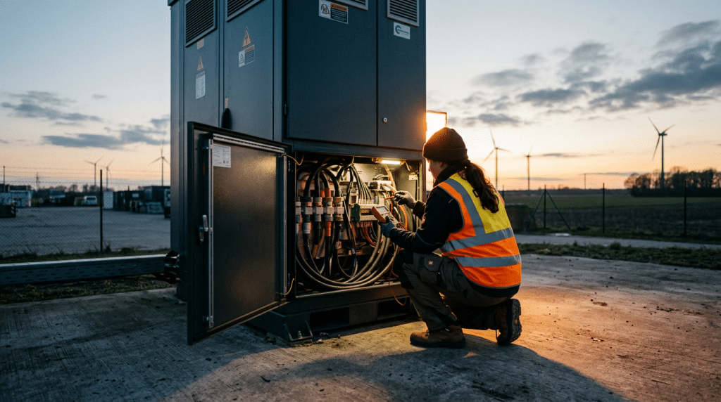 Techniker in Warnweste prüft Verkabelung an einem Gewerbespeicher