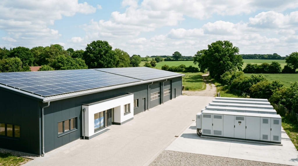 Gewerblicher Batteriespeicher neben einer norddeutschen Werkshalle mit Photovoltaik auf dem Dach bei hellem Tageslicht" Bildunterschrift: „Speicher plus PV hebt den Eigenverbrauch — und das Solarspitzengesetz macht genau diesen Eigenverbrauch wertvoller.