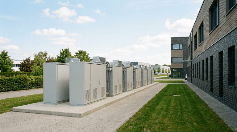 Modernes Batteriespeicher-System an einem norddeutschen Betriebsgebäude bei hellem Tageslicht als wirtschaftliche Investition" Bildunterschrift: „Ob sich ein Gewerbespeicher rechnet, entscheidet der individuelle Lastgang — nicht eine Pauschale.