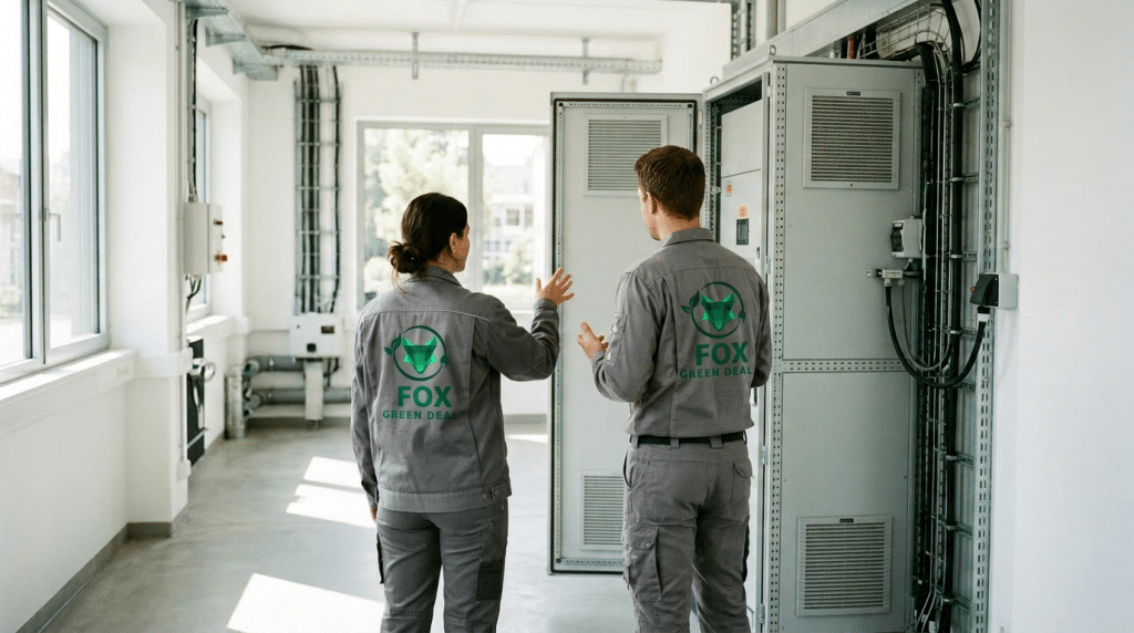 Fachplaner und Unternehmer besprechen vor einem gewerblichen Batteriespeicher die Wirtschaftlichkeit