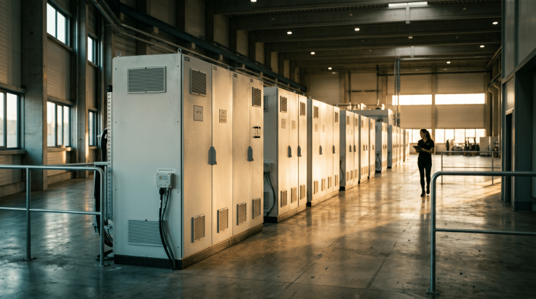 Stromspeicher für Industrie und Produktion: Reihe moderner Batteriespeicher-Schränke in einer hellen norddeutschen Produktionshalle" Bildunterschrift: „Ein Stromspeicher für die Industrie senkt den Leistungspreis und hebt den Eigenverbrauch — richtig ausgelegt wird er zum Werkzeug, nicht zum Katalogkauf.