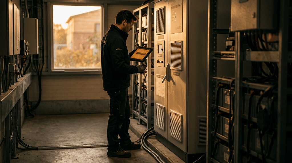 Techniker prüft seitlich mit einem Tablet den Betrieb eines Industriespeichers im warmen Abendlicht