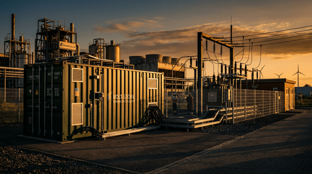 Industriespeicher als Outdoor-Container am Netzanschluss eines norddeutschen Produktionsbetriebs im warmen Abendlicht