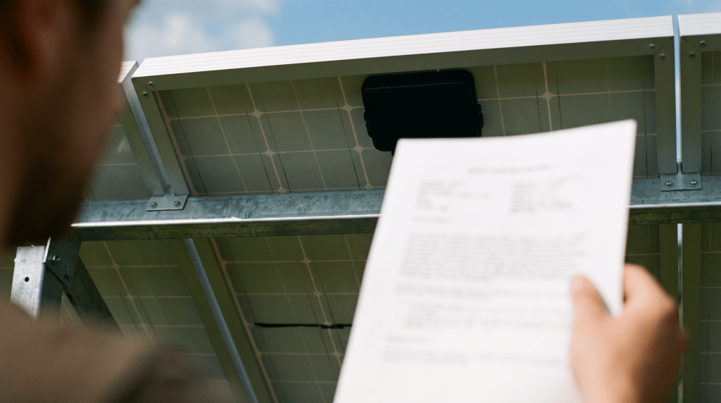 Hand hält ein Modul-Datenblatt vor die Rückseite eines montierten Solarmoduls.