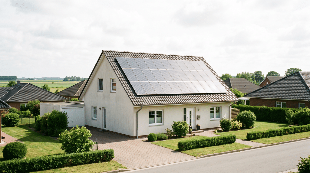 Norddeutsches Wohnhaus mit dachparallel verlegter Photovoltaikanlage auf dunklen Ziegeln bei hellem, bedecktem Himmel.
