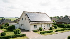 Norddeutsches Wohnhaus mit dachparallel verlegter Photovoltaikanlage auf dunklen Ziegeln bei hellem, bedecktem Himmel.