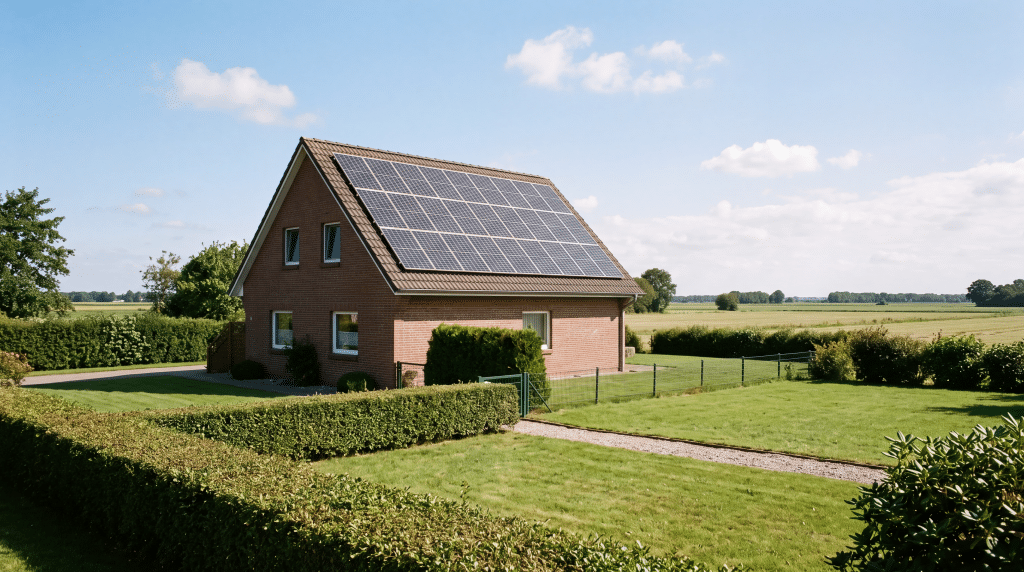 Aufdach-Photovoltaikanlage auf einem Klinker-Einfamilienhaus in Norddeutschland bei klarem Tageslicht.