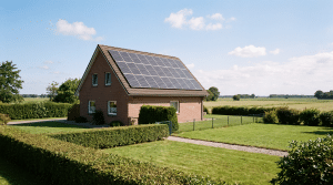 Aufdach-Photovoltaikanlage auf einem Klinker-Einfamilienhaus in Norddeutschland bei klarem Tageslicht.