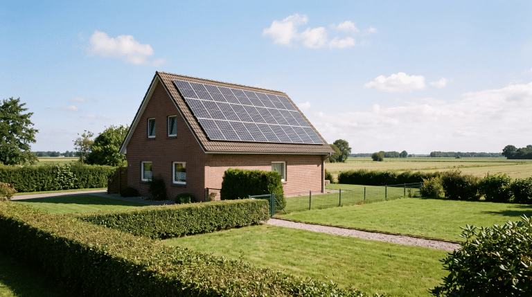 Aufdach-Photovoltaikanlage auf einem Klinker-Einfamilienhaus in Norddeutschland bei klarem Tageslicht.