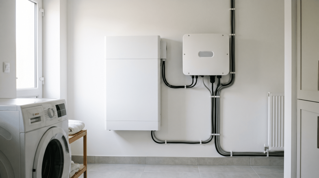 Wandmontierter Batteriespeicher neben dem Wechselrichter einer Photovoltaikanlage in einem Hauswirtschaftsraum.