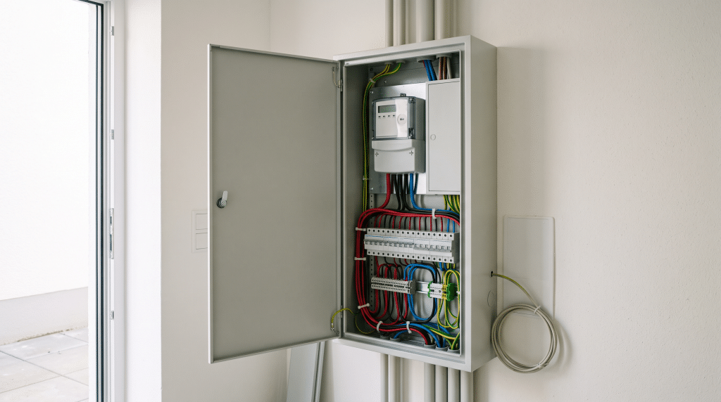 Geöffneter Zählerschrank mit sauber verlegter Verkabelung im Hausanschlussraum eines Wohnhauses.