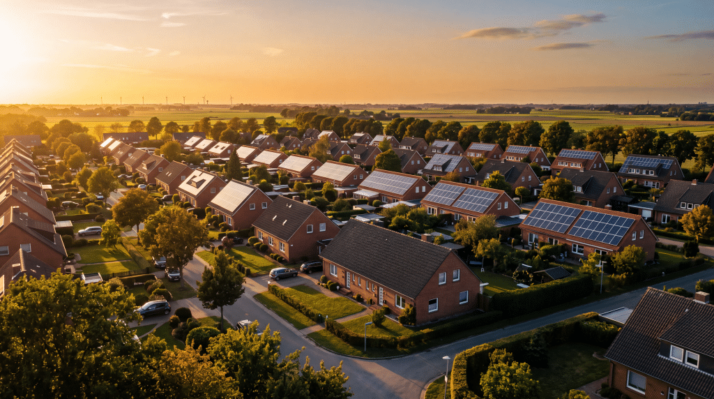 Blick über eine norddeutsche Wohnsiedlung, deren Satteldächer flächig mit Photovoltaikmodulen belegt sind, im goldenen Gegenlicht des Abends