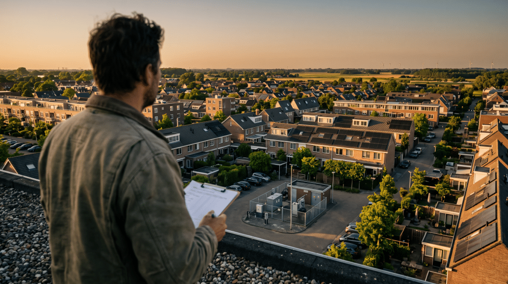 Blick von einem Flachdach über ein Wohnquartier mit Photovoltaik und Speicherstation, im unscharfen Vordergrund eine Person mit Klemmbrett