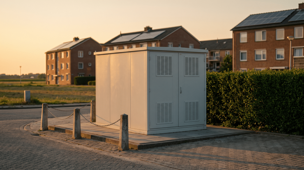 Geschlossene Speicherstation mit Lüftungsgittern auf einer befestigten Fläche am Quartiersrand, dahinter Wohngebäude mit Photovoltaik