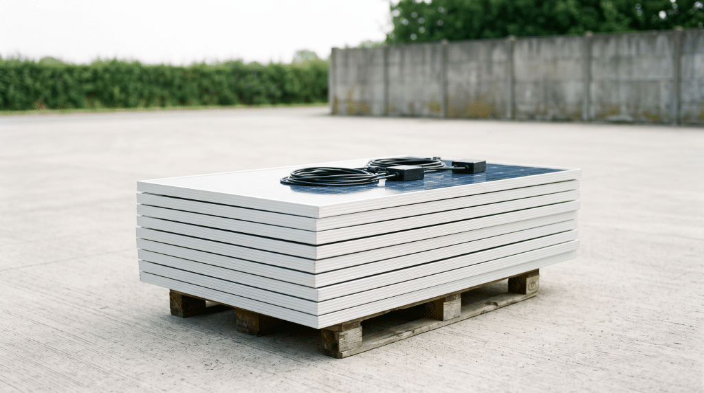 Abgebaute Solarmodule liegen flach gestapelt auf einer Palette an einer kommunalen Sammelstelle.