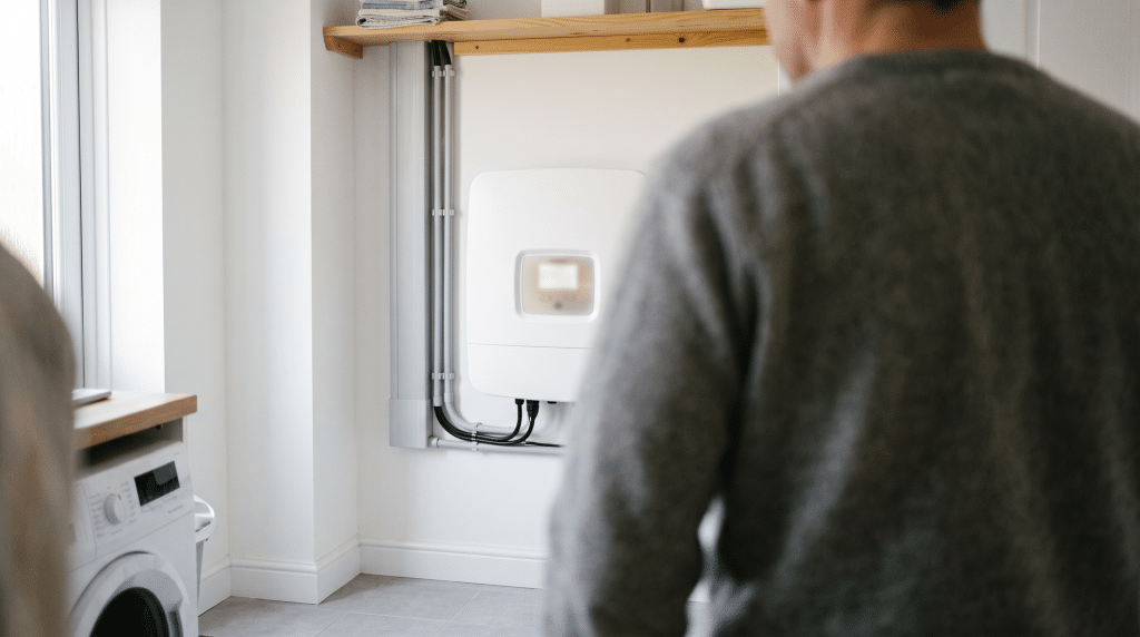 Hausbesitzer vergleicht am Wechselrichter im Hauswirtschaftsraum die Ertragswerte seiner Photovoltaikanlage.