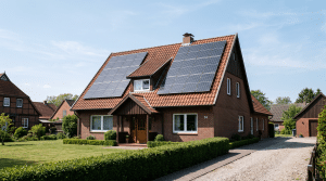 Dachparallele Photovoltaikanlage auf dem Satteldach eines norddeutschen Einfamilienhauses bei klarem Tageslicht.