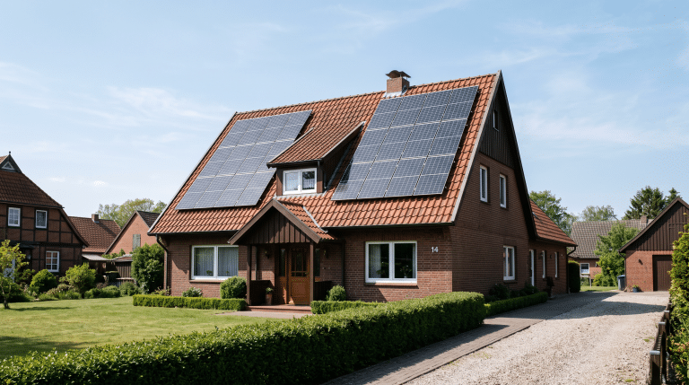 Dachparallele Photovoltaikanlage auf dem Satteldach eines norddeutschen Einfamilienhauses bei klarem Tageslicht.