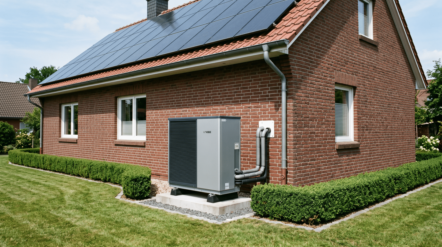 Wärmepumpen-Außeneinheit an einem norddeutschen Wohnhaus mit Photovoltaikanlage auf dem Dach.