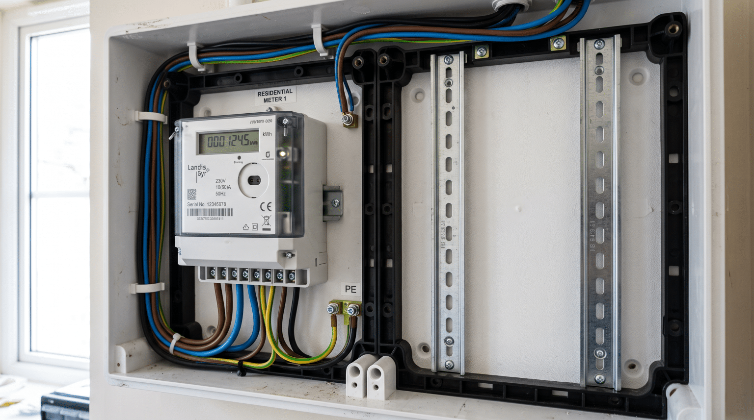 Zählerschrank mit einem belegten Zählerfeld und freiem Raum für den zweiten Zählpunkt sowie die Steuerungstechnik.