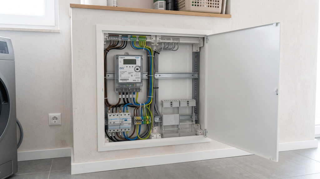 Geöffneter Zählerschrank in einem Wohnhaus mit belegtem Zählerfeld und freiem Platz für einen zweiten Zähler.