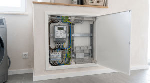 Geöffneter Zählerschrank in einem Wohnhaus mit belegtem Zählerfeld und freiem Platz für einen zweiten Zähler.