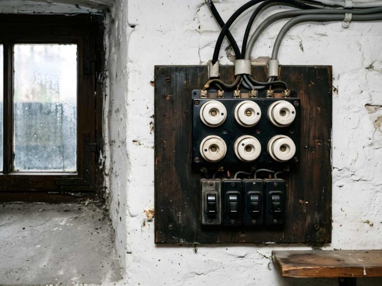 Alter Sicherungskasten mit Schraubsicherungen und Kippschaltern auf einem Holzbrett an einer Kellerwand