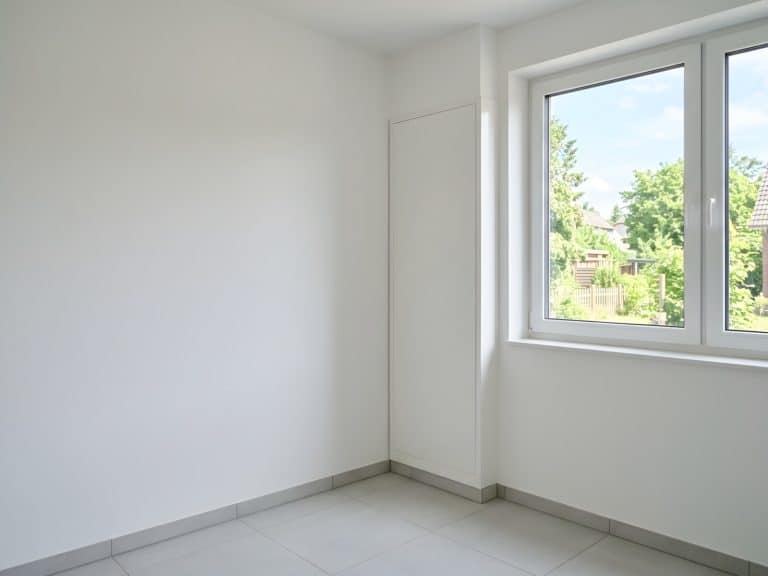 Freie weiße Wandfläche in einem hellen Hauswirtschaftsraum, am Rand ein geschlossener Zählerschrank und ein Fenster
