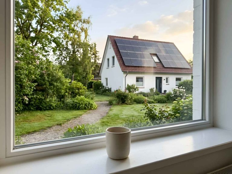 Blick aus einem Wohnzimmerfenster auf einen Sommergarten und ein weißes Haus mit Solarmodulen auf dem Dach am Morgen
