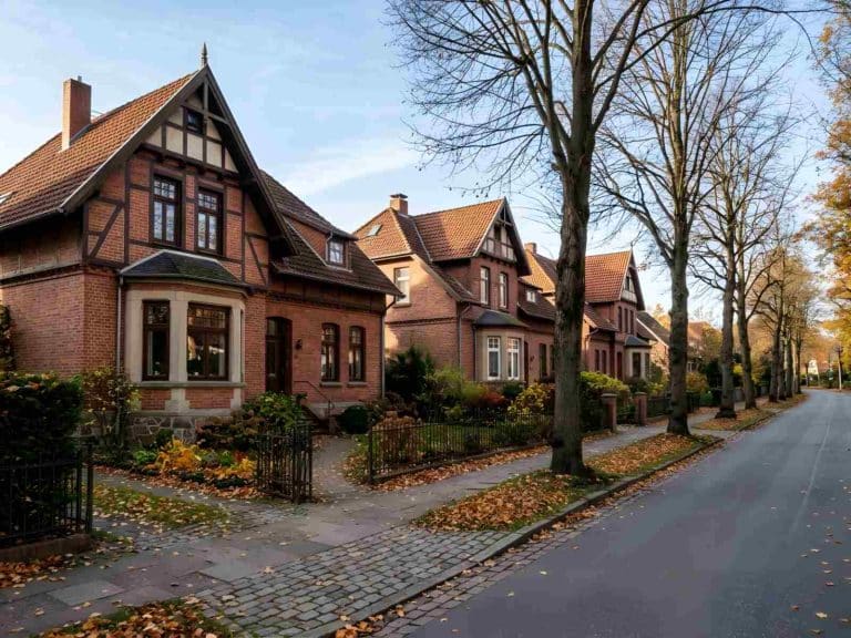 Straßenzug mit Backstein-Stadtvillen aus der Zeit um 1900, Vorgärten mit Herbstlaub und Bäume am Gehweg