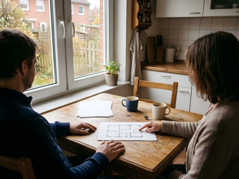 Zwei Personen am Küchentisch mit einem Grundriss und Unterlagen, draußen ein herbstlicher Reihenhausgarten