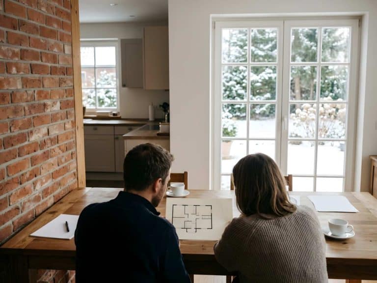 Zwei Personen am Tisch einer Wohnküche mit Grundriss und Unterlagen, durch das Sprossenfenster ist ein winterlicher Garten mit Kiefern zu sehen