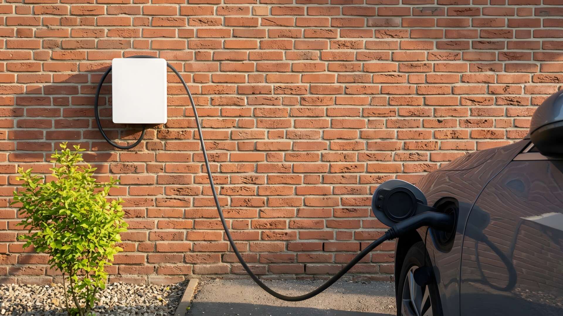 Weiße Wallbox an einer sonnigen Klinkerwand, das Ladekabel führt zur Ladeklappe eines dunkelgrauen Autos