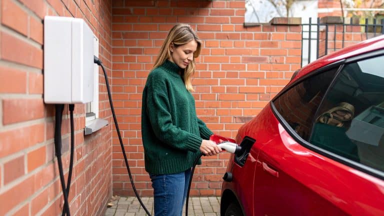 Frau steckt vor einem Backsteinhaus das Ladekabel einer Wallbox in ihr Elektroauto.