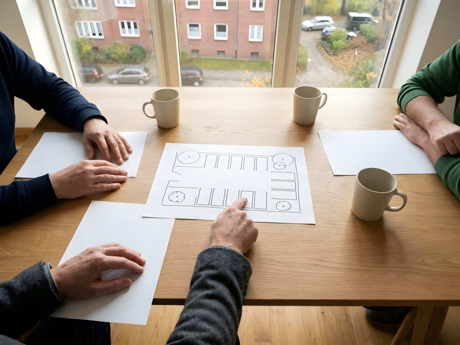 Hände über Unterlagen und einer unbeschrifteten Stellplatzskizze auf einem Holztisch, im Fenster ein Backstein-Mehrparteienhaus