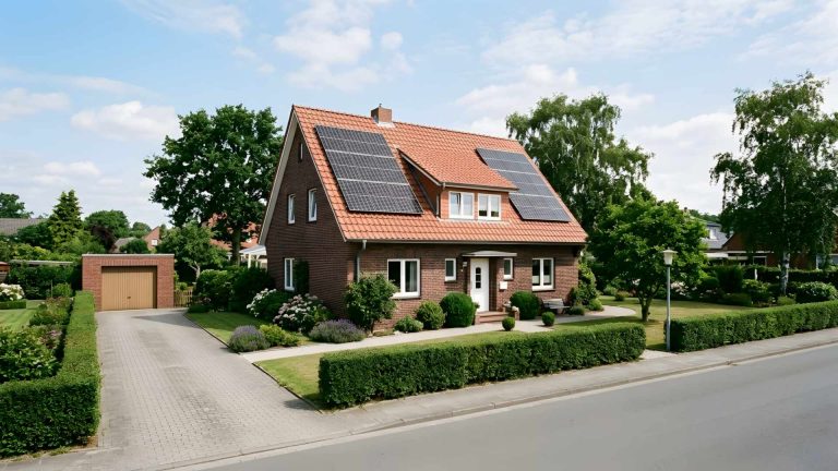 Freistehendes Backstein-Einfamilienhaus mit Photovoltaikanlage auf dem Ziegeldach an einem Sommertag