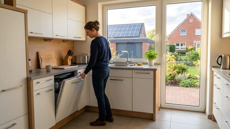 Frau schaltet in einer hellen Küche die Spülmaschine ein, durch das Fenster ist ein Solardach zu sehen