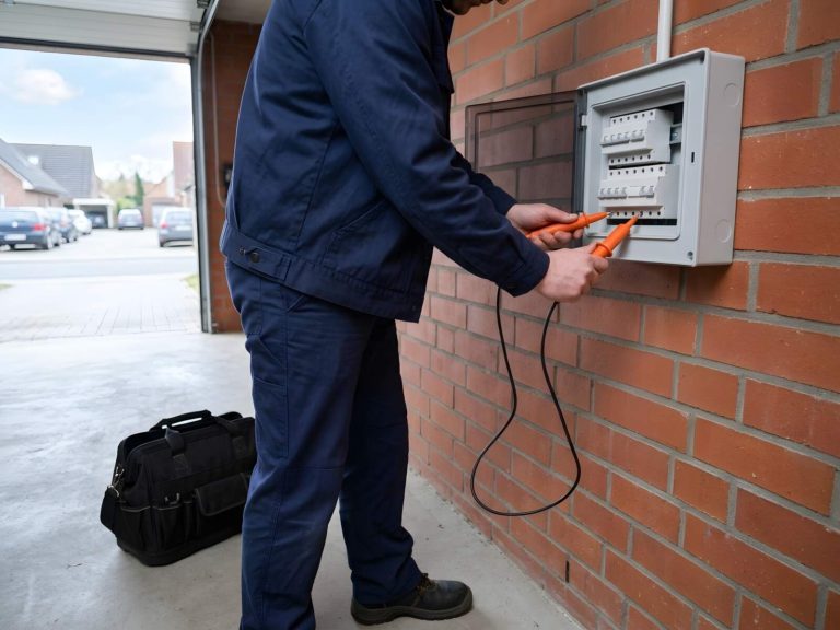Elektriker misst von der Seite gesehen an einer Unterverteilung in einer Garage, das Messgerät ist vom Betrachter abgewandt