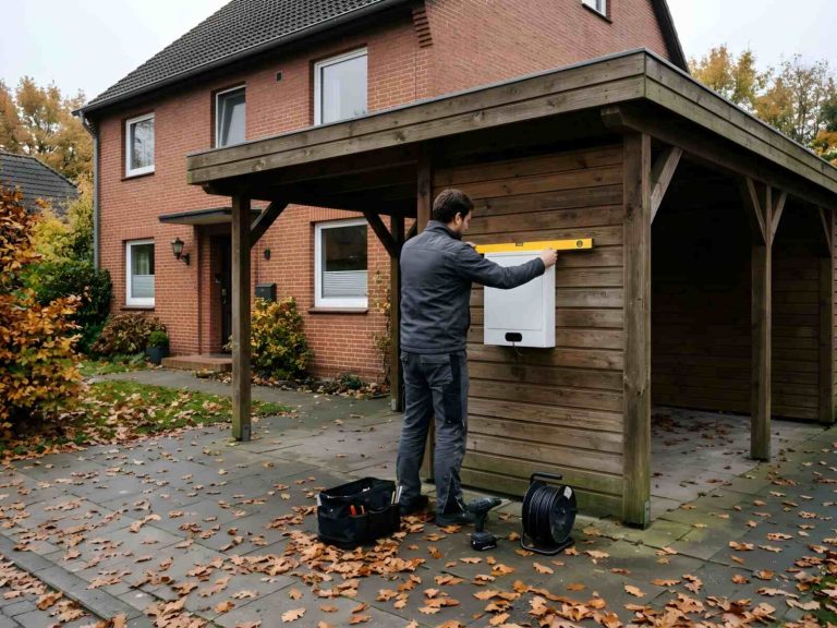 Elektriker montiert eine weiße Wallbox an der Rückwand eines Carports neben einem Backstein-Reihenhaus