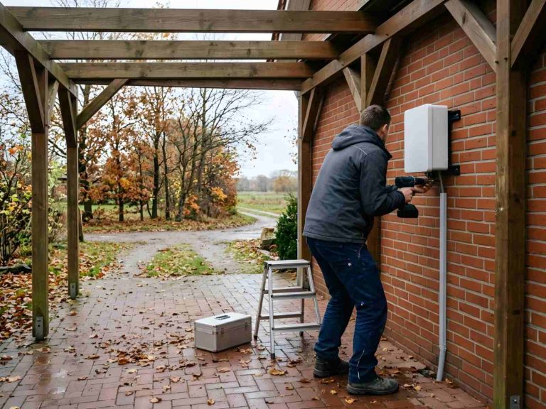 Elektriker montiert von der Seite gesehen eine weiße Wallbox an der Backsteinwand eines Carports