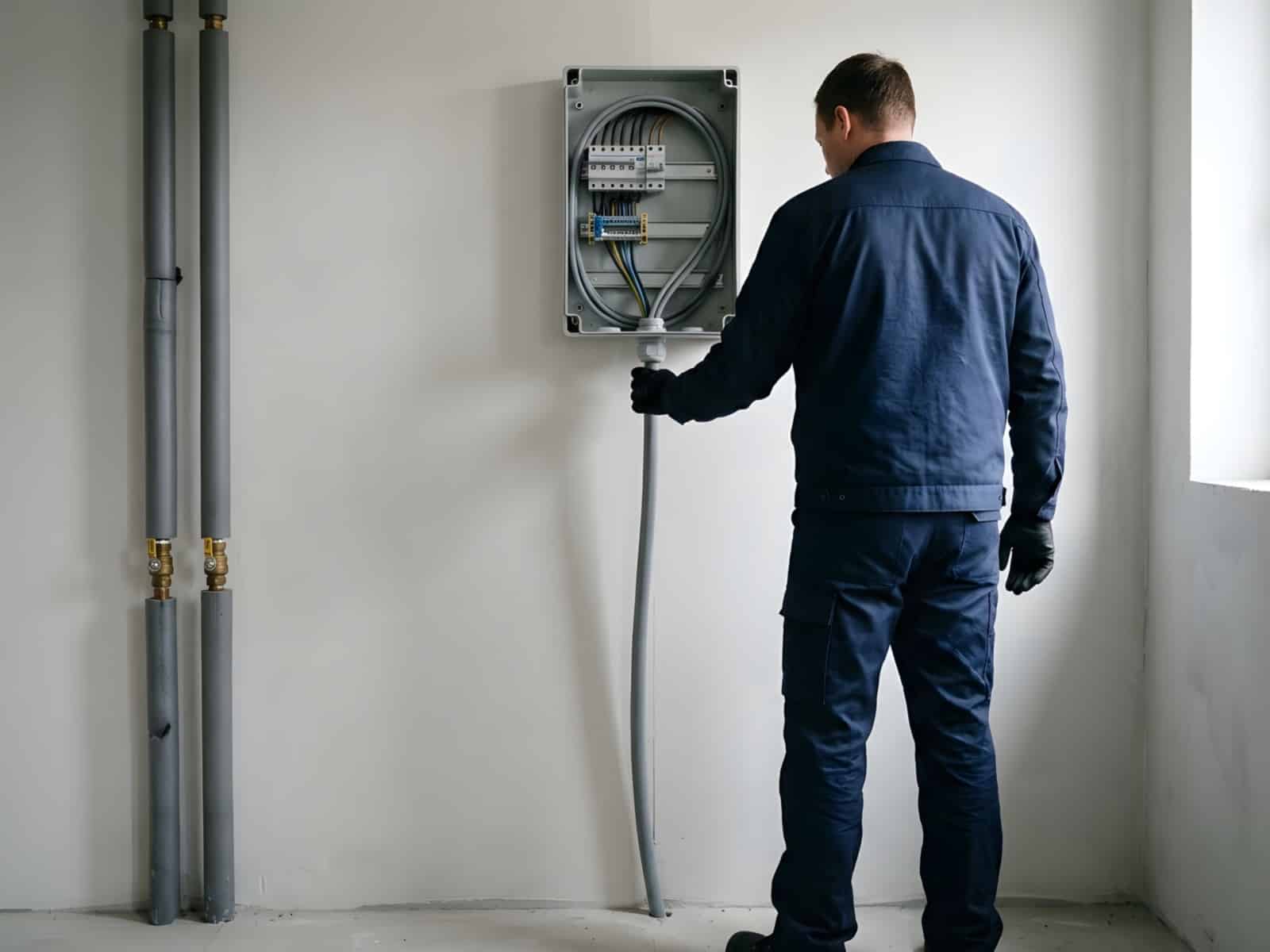 Elektriker verlegt eine neue Zuleitung in einer geöffneten Unterverteilung im Hauswirtschaftsraum, daneben gedämmte Heizungsrohre