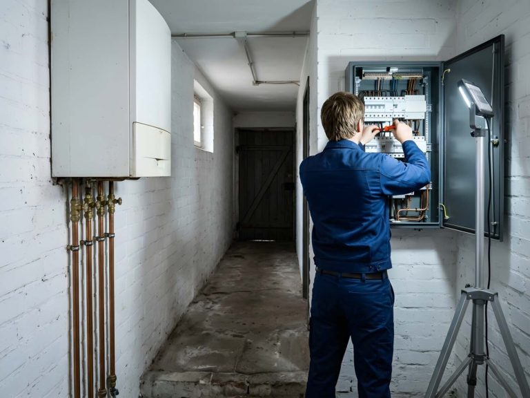 Elektriker arbeitet im Kellerflur an einem geöffneten Zählerschrank, daneben hängt eine ältere Gastherme