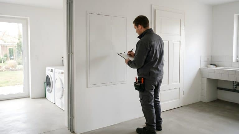 Elektriker notiert im Hauswirtschaftsraum Prüfergebnisse neben einem geschlossenen weißen Zählerschrank