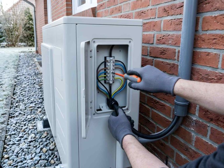 Elektriker schließt von der Seite gesehen die Zuleitung am geöffneten Anschlusskasten eines Wärmepumpen-Außengeräts an