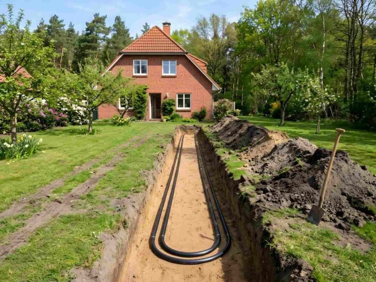 Flache Gräben mit schwarzen Kunststoffrohren in Schleifen im Garten hinter einem Klinkerhaus, im Hintergrund ein Waldrand