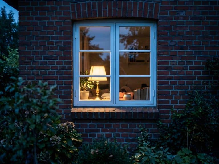 Warm erleuchtetes Fenster eines Backsteinhauses zur blauen Stunde, drinnen brennt eine Tischlampe