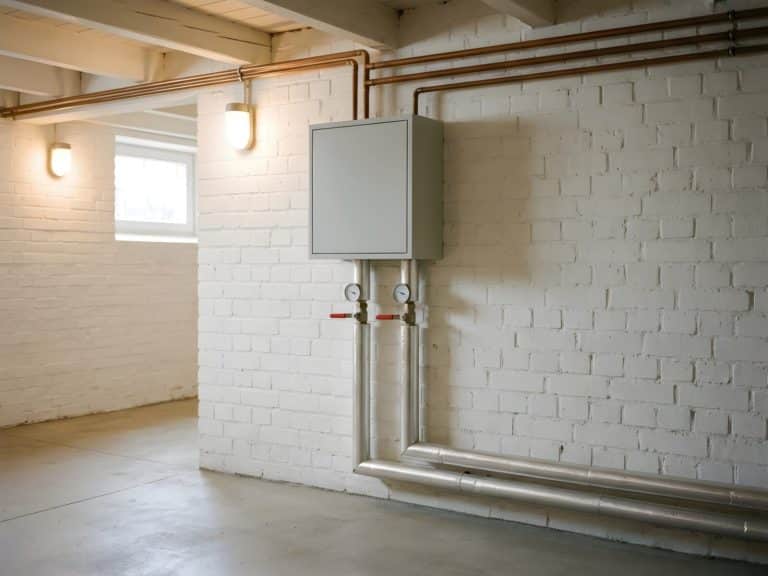 Fernwärme-Übergabestation mit gedämmten Rohren und Absperrventilen an der Kellerwand eines älteren Hauses