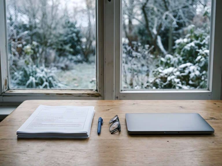Stapel ausgedruckter Formulare mit Kugelschreiber, Lesebrille und zugeklapptem Laptop auf einem Holztisch vor einem winterlichen Garten