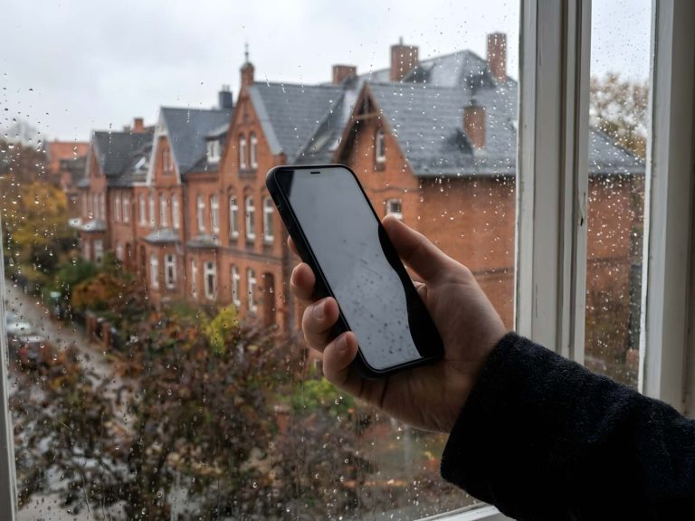 Hand hält ein Smartphone mit dunklem Bildschirm an einem Fenster, draußen Backstein-Reihenhäuser im Herbstregen